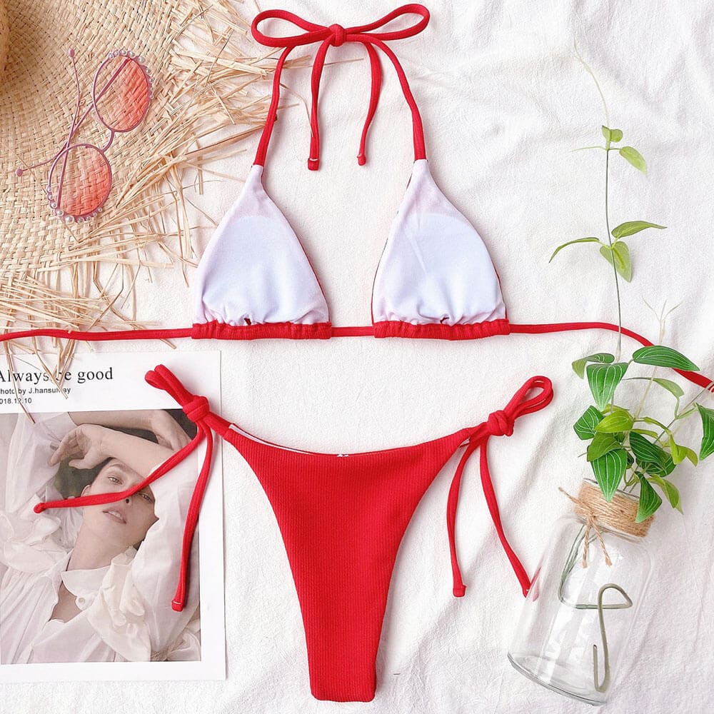 Solid Ribbed Tie String Triangle Sunnybikinis Swimsuit - On sale