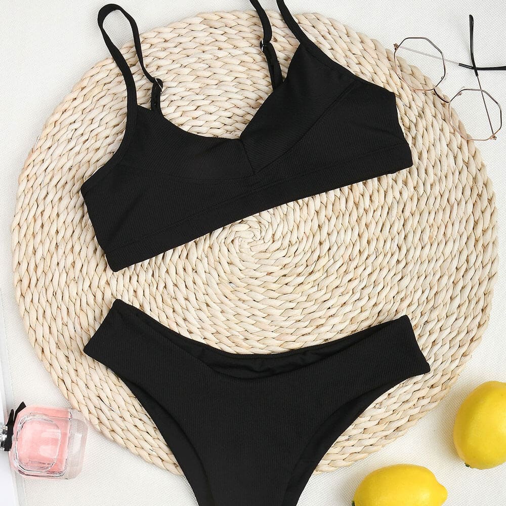 Solid Ribbed V Neck Bralette Sunnybikinis Swimsuit - On sale