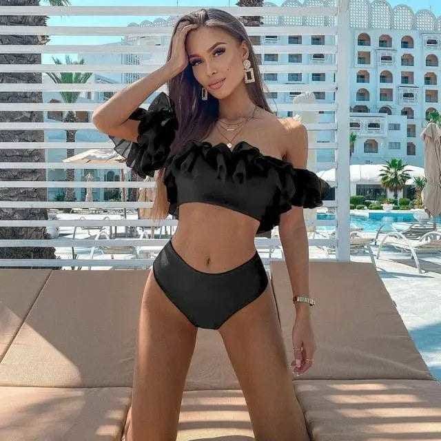Solid Ruffle Off The Shoulder Bikini Swimsuit - TZ21226D1 / L On sale