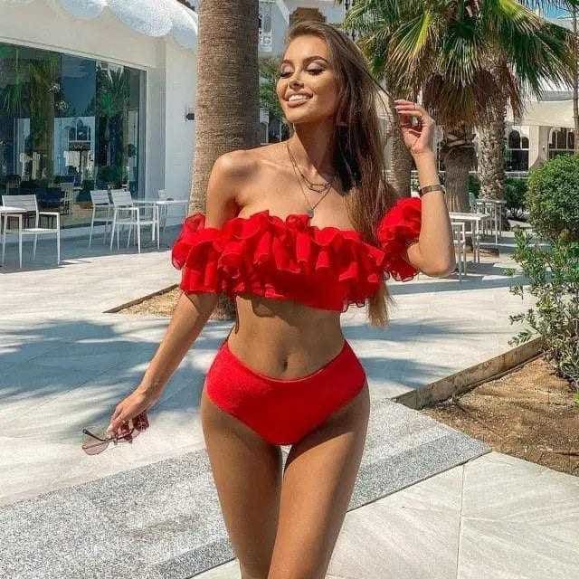 Solid Ruffle Off The Shoulder Bikini Swimsuit - TZ21226R1 / S On sale