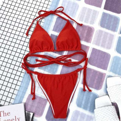 Solid Sexy Micro Brazilian Thong Bikini Swimsuit - Red / S On sale