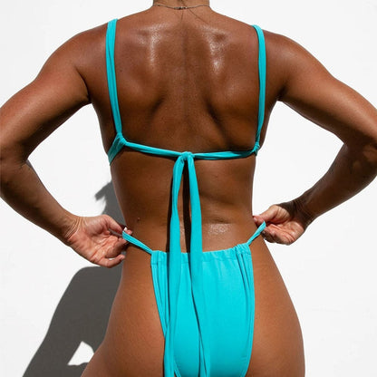 Solid Tie Strap Triangle Brazilian Bikini Swimsuits - On sale