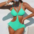 Solid Tie Up Cutout Halter Monokini One Piece Swimsuit - Lake Blue / S On sale