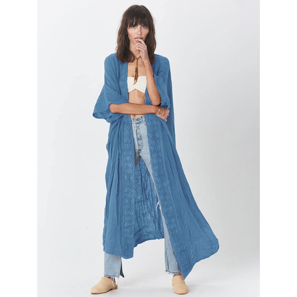 Solid Womens Kimono Dress Beach Midi Cover Up - blue kimono / One Size On sale