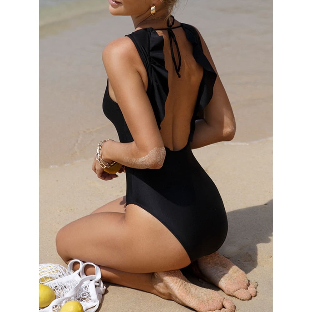 Solid zipper Ruffle Sleeve Rash Guard One Piece Swimsuits - X22SW6506-1 / S On sale