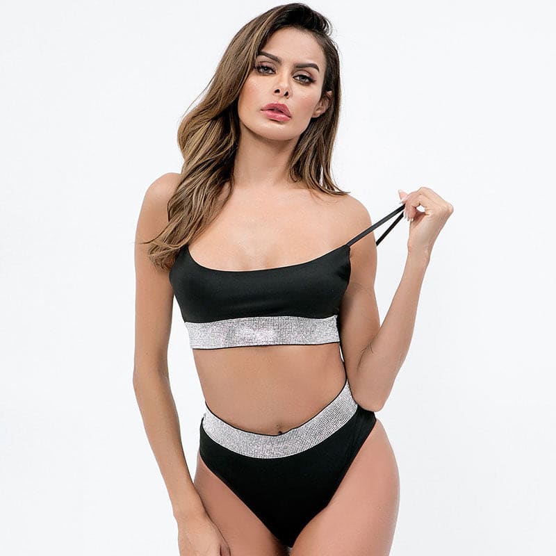 Sparkly Crystal Scoop Neck Bralette Brazilian Bikini - Black / S On sale