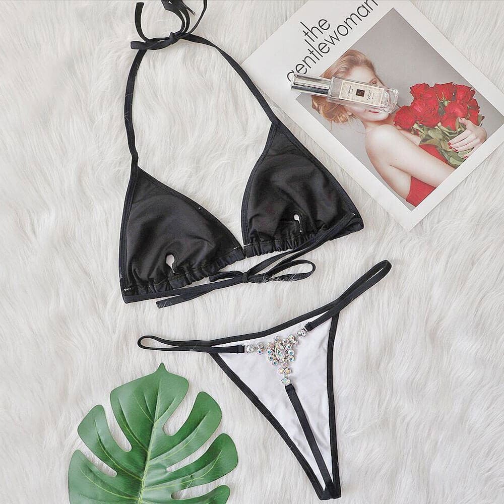 Sparkly Crystal String Thong Triangle Brazilian Bikini Swimsuit - On sale