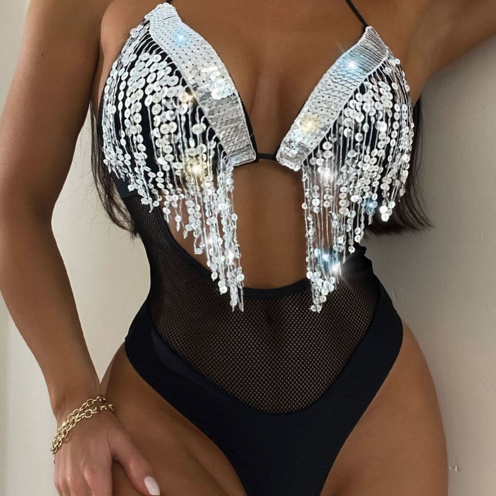 Sparkly Fringe High Cut Mesh Thong One Piece Swimsuit - On sale