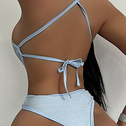 Sparkly High Cut O Ring Cutout Low Back One Piece Swimsuit - On sale