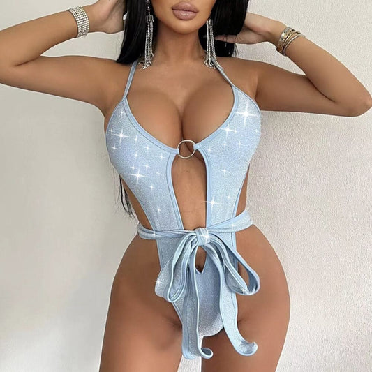 Sparkly High Cut O Ring Cutout Low Back One Piece Swimsuit - Light Blue / S On sale