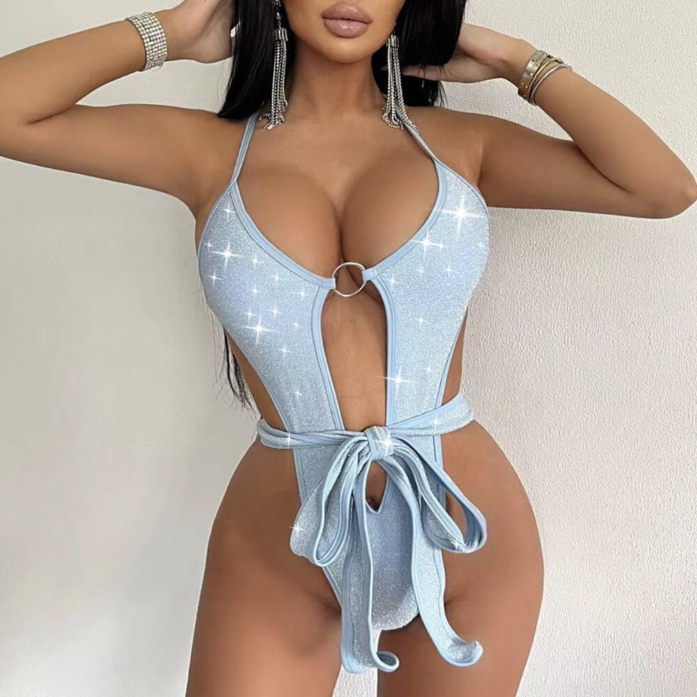 Sparkly High Cut O Ring Cutout Low Back One Piece Swimsuit - Light Blue / S On sale