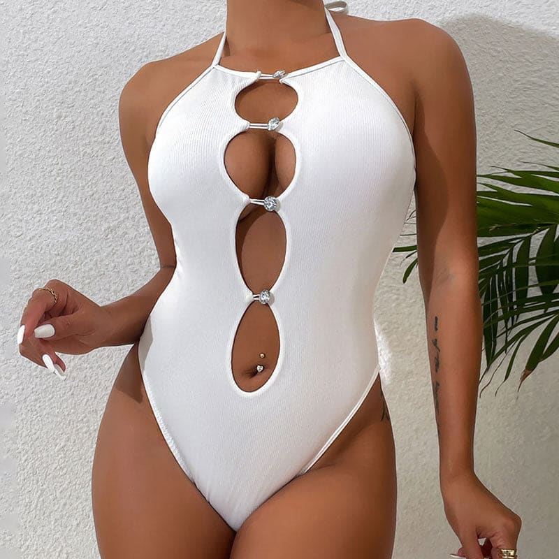 Sparkly Ribbed Cutout Brazilian One Piece Swimsuit - White / S On sale