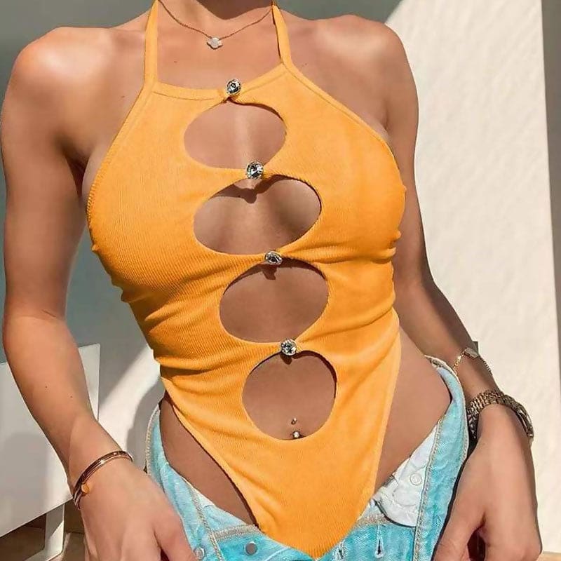 Sparkly Ribbed Cutout Brazilian One Piece Swimsuit - Yellow / S On sale