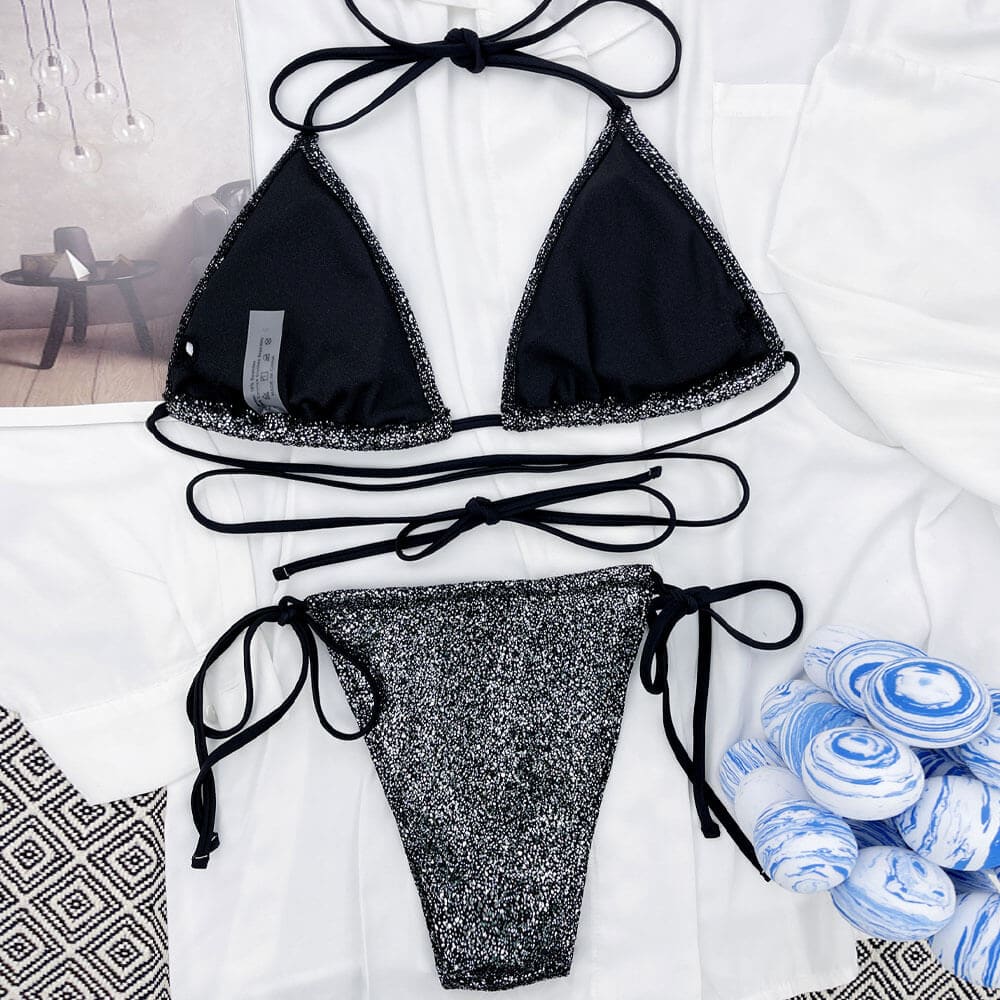 Sparkly Tie String Triangle Brazilian Bikini Swimsuit - On sale