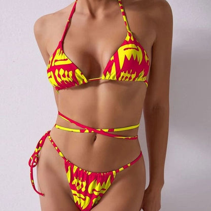 Strappy Contrast Wrap Triangle Brazilian Bikini Swimsuit - Red / S On sale