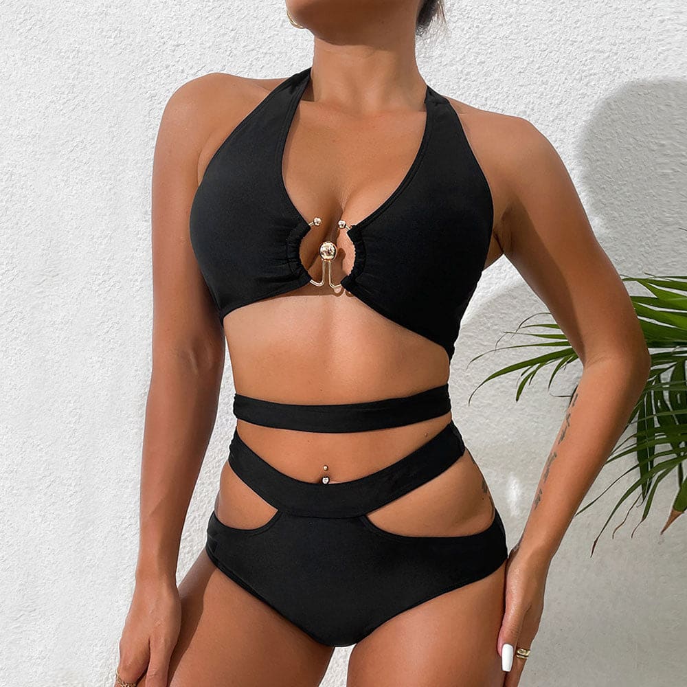 Strappy Cutout Notch Brazilian Bikini Swimsuit - Black / S On sale