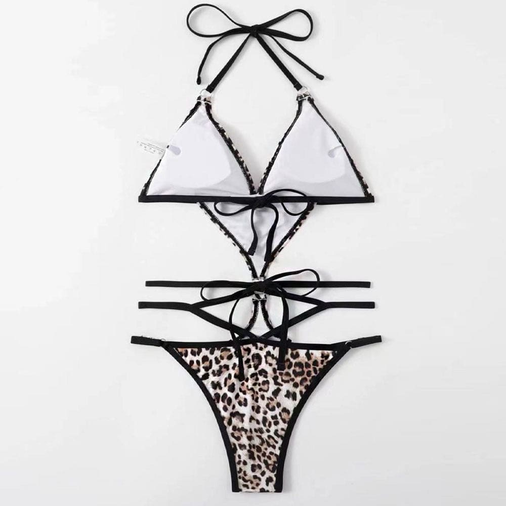 Strappy leopard Deep V Halter One Piece Swimsuit - On sale