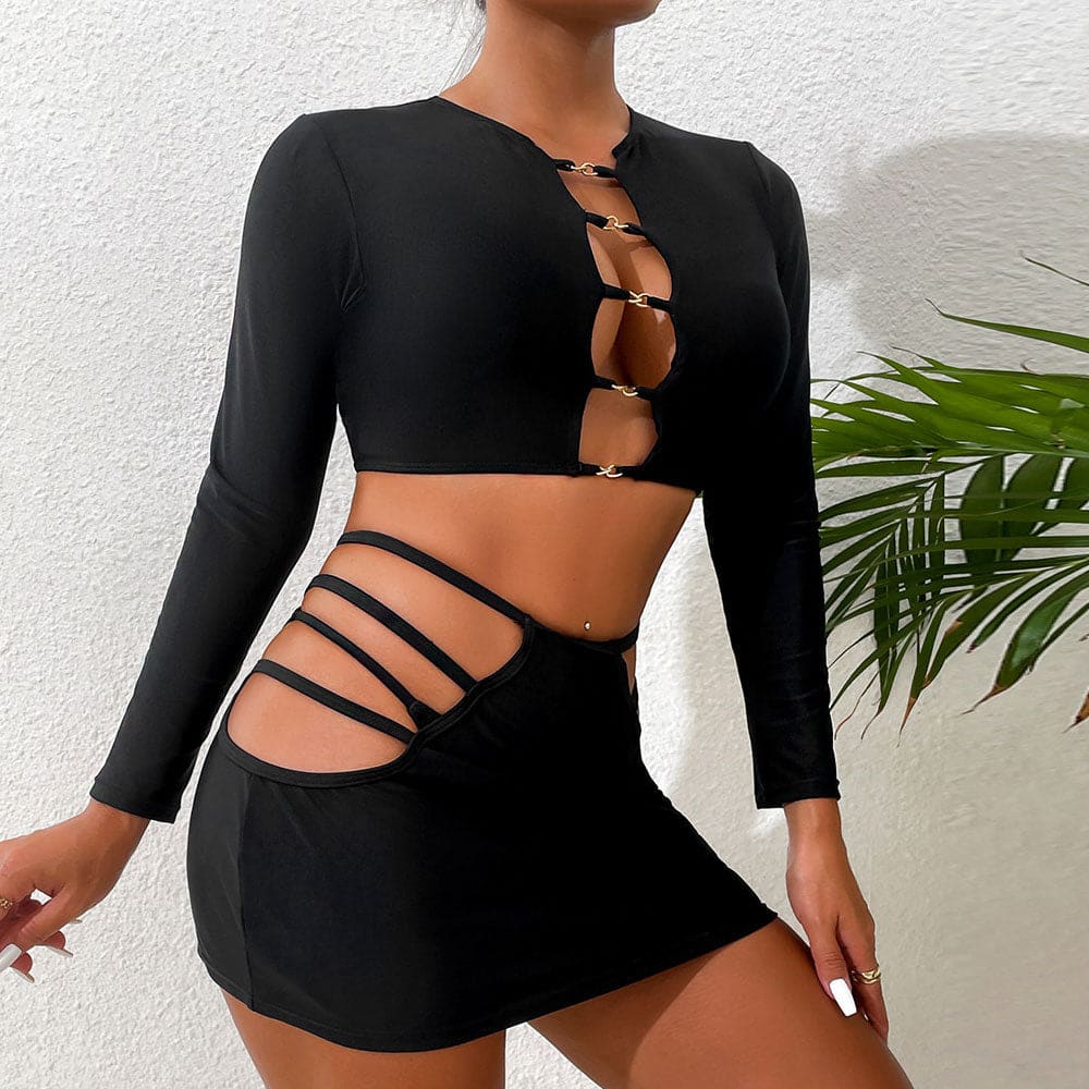 Strappy Sarong Long Sleeve Three Piece Swimsuit - On sale