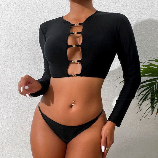 Strappy Sarong Long Sleeve Three Piece Swimsuit - Black / S On sale