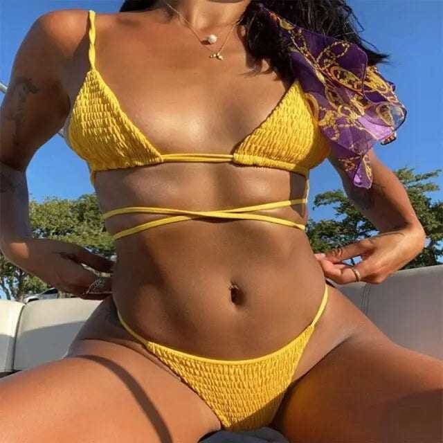 Strappy Sliding Triangle String Thong Bikini Swimsuit - On sale