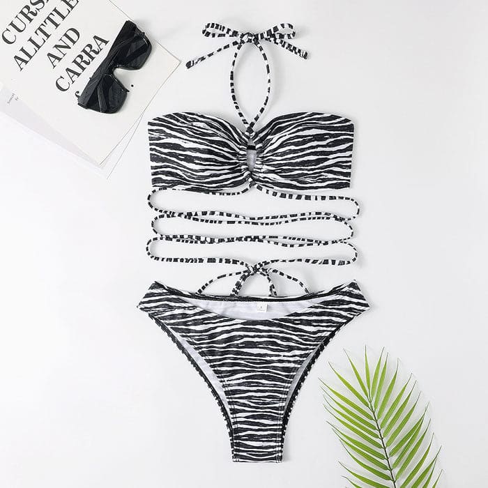 Strappy Zebra Print High Cut Halter Wrap Brazilian Bikini Swimsuit - On sale