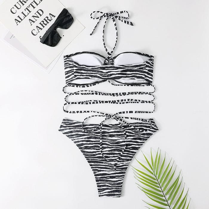 Strappy Zebra Print High Cut Halter Wrap Brazilian Bikini Swimsuit - On sale