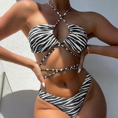 Strappy Zebra Print High Cut Halter Wrap Brazilian Bikini Swimsuit - Black / S On sale