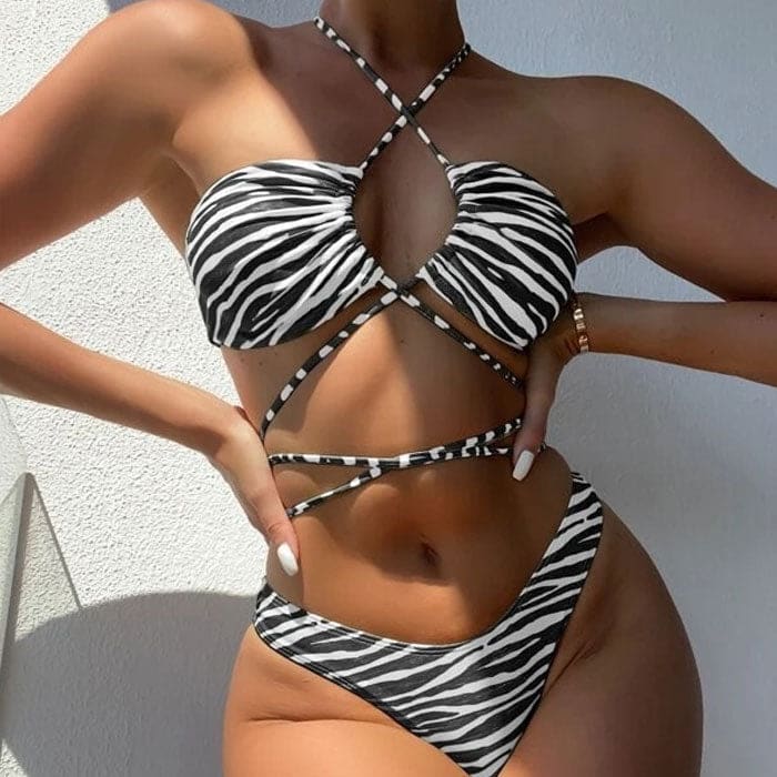 Strappy Zebra Print High Cut Halter Wrap Brazilian Bikini Swimsuit - Black / S On sale