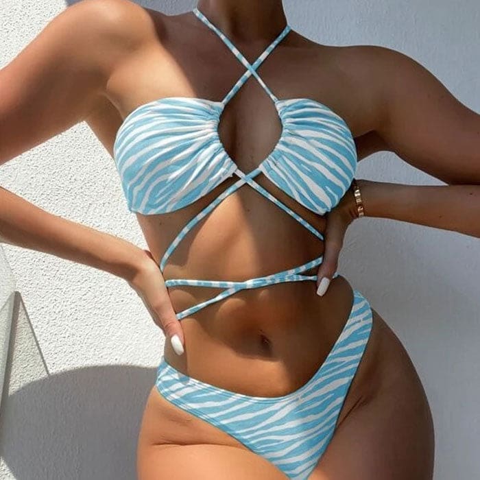 Strappy Zebra Print High Cut Halter Wrap Brazilian Bikini Swimsuit - Blue / S On sale