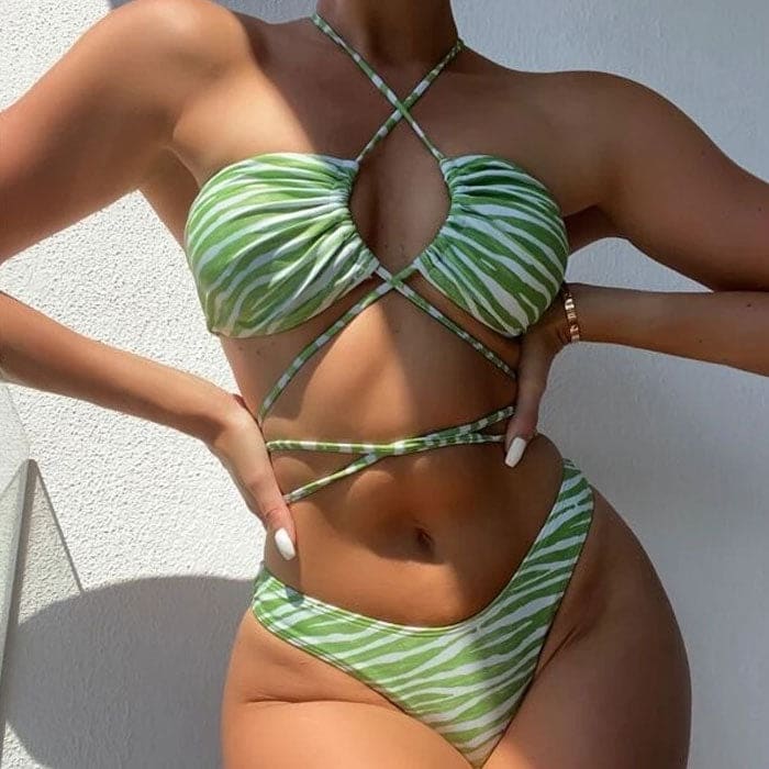 Strappy Zebra Print High Cut Halter Wrap Brazilian Bikini Swimsuit - Green / S On sale
