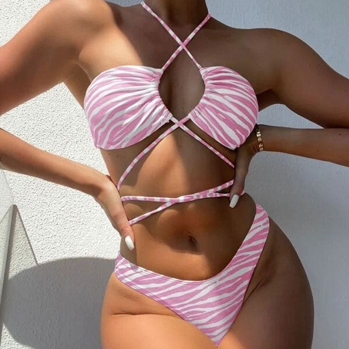 Strappy Zebra Print High Cut Halter Wrap Brazilian Bikini Swimsuit - Pink / S On sale