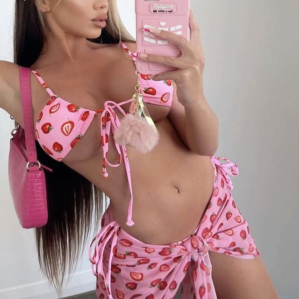 Strawberry Tie String Halter Three Piece Swimsuit - Pink / S On sale