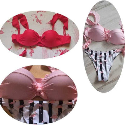 Striped Lace Ruffle Push Up Women Bandeau Bikini Swimsuit - On sale