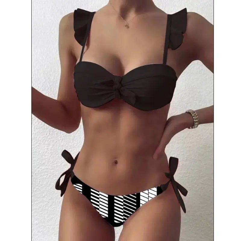 Striped Lace Ruffle Push Up Women Bandeau Bikini Swimsuit - On sale