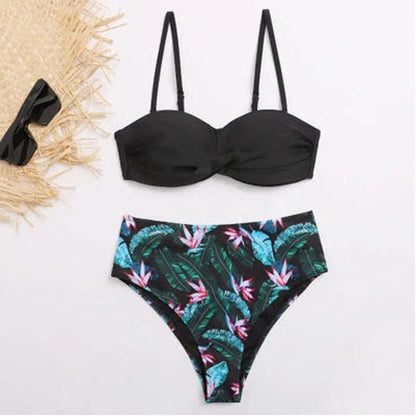 Striped Lace Ruffle Push Up Women Bandeau Bikini Swimsuit - F71-Black Leaf / S On sale