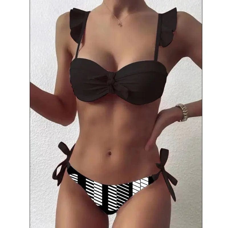 Striped Lace Ruffle Push Up Women Bandeau Bikini Swimsuit - F72-Black 2 / S On sale