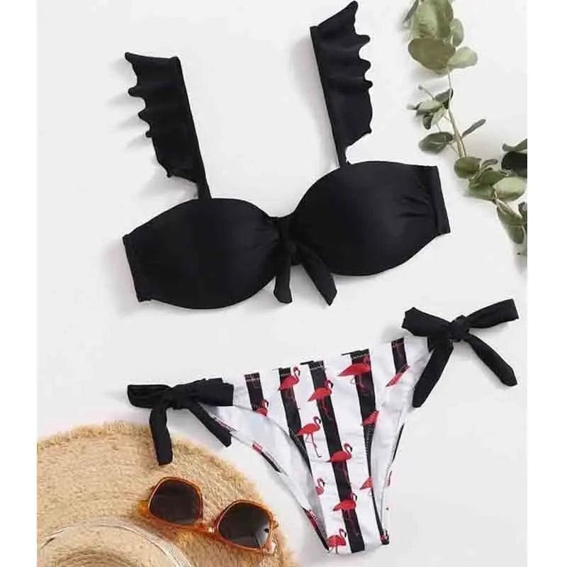 Striped Lace Ruffle Push Up Women Bandeau Bikini Swimsuit - F72-Black / S On sale