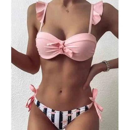 Striped Lace Ruffle Push Up Women Bandeau Bikini Swimsuit - F72-Pink / S On sale