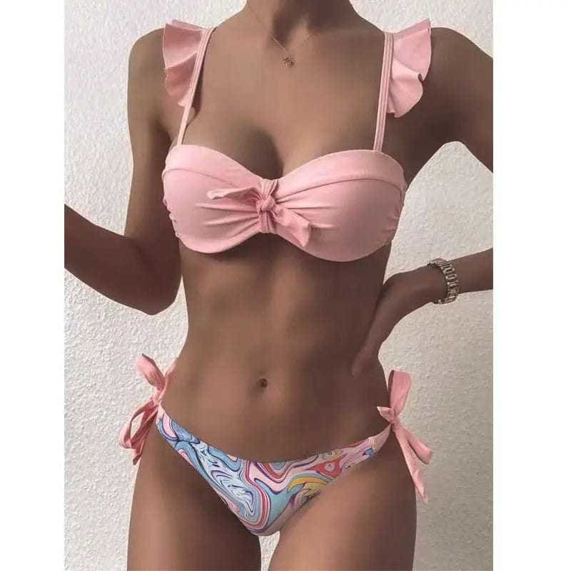 Striped Lace Ruffle Push Up Women Bandeau Bikini Swimsuit - F72-Pink1 / S On sale