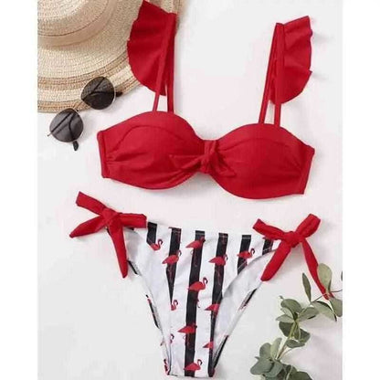 Striped Lace Ruffle Push Up Women Bandeau Bikini Swimsuit - F72-red / S On sale