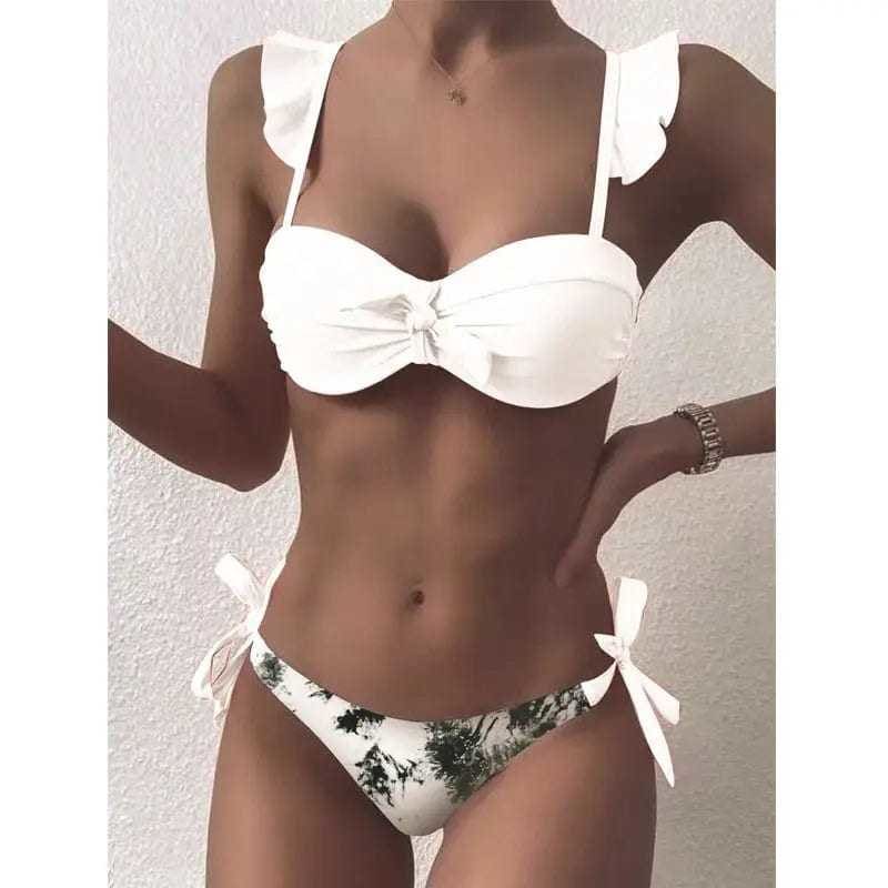 Striped Lace Ruffle Push Up Women Bandeau Bikini Swimsuit - F72-White / S On sale