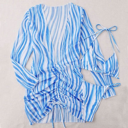 Striped String Triangle Brazilian Three Piece Swimsuit - On sale