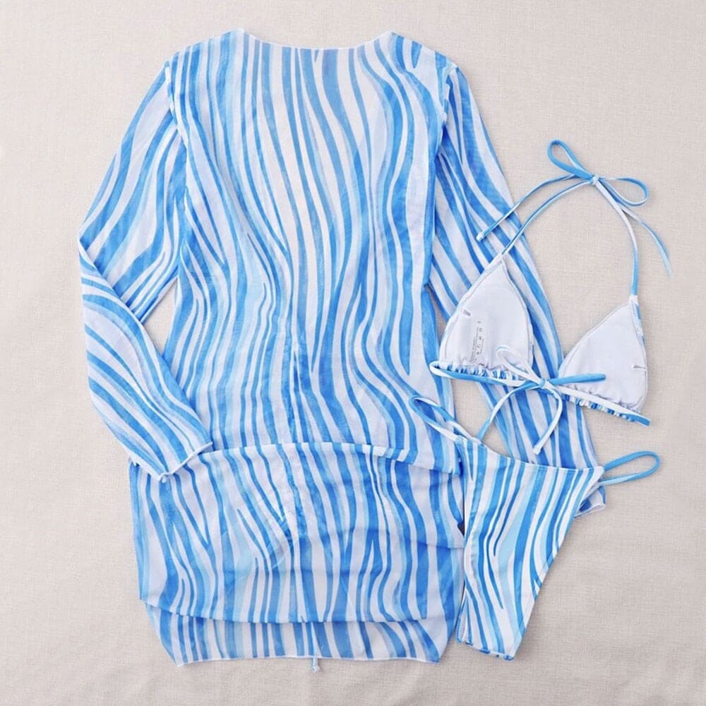 Striped String Triangle Brazilian Three Piece Swimsuit - On sale