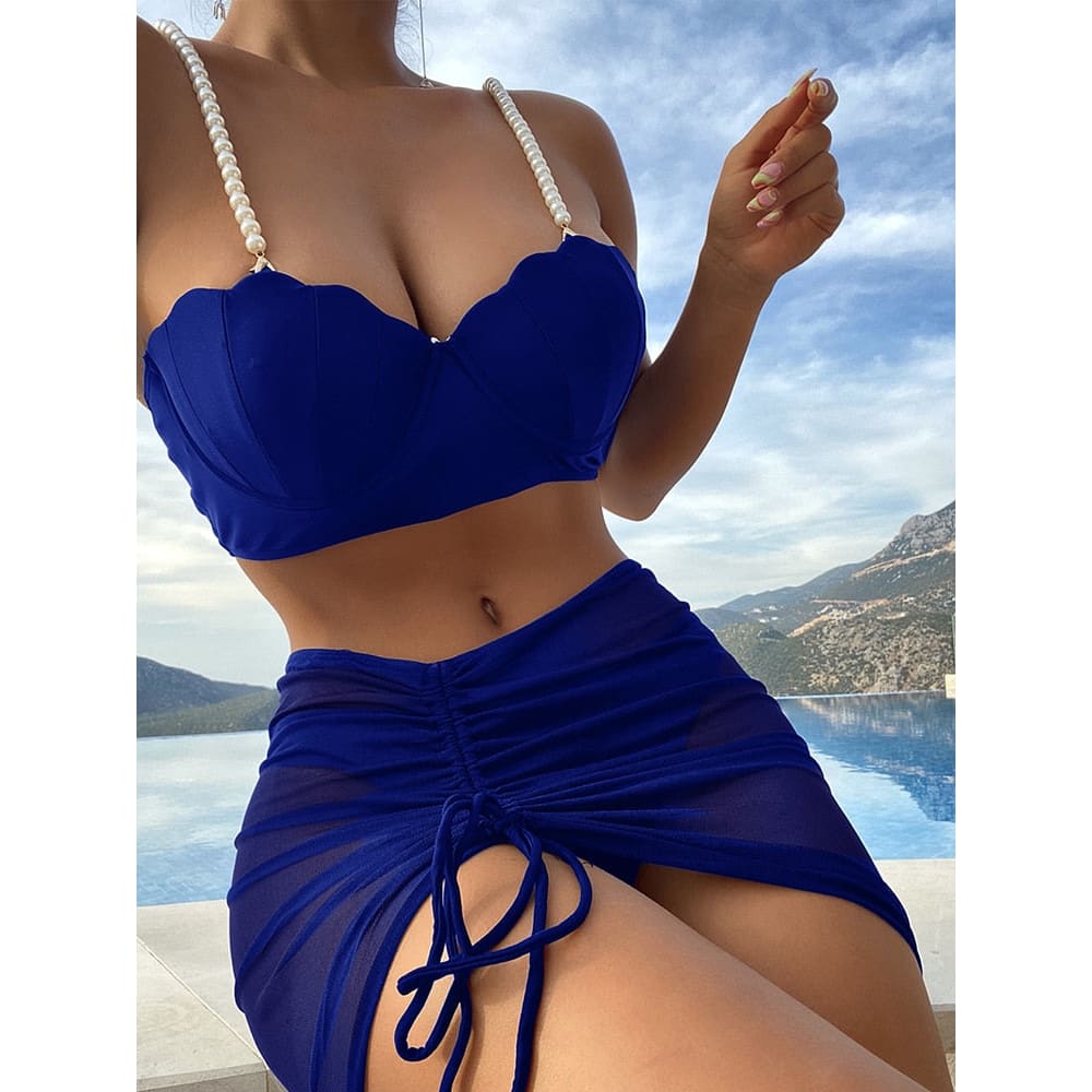 Sunnybikinis Sexy 3 Piece Push Up Bikinis Swimsuit with Skirt - Blue-B7866 / S On sale