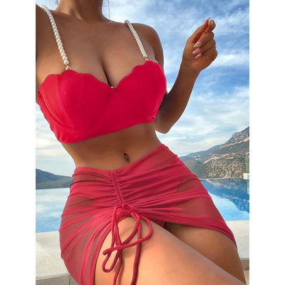Sunnybikinis Sexy 3 Piece Push Up Bikinis Swimsuit with Skirt - Watermelon Red-U0525 / S