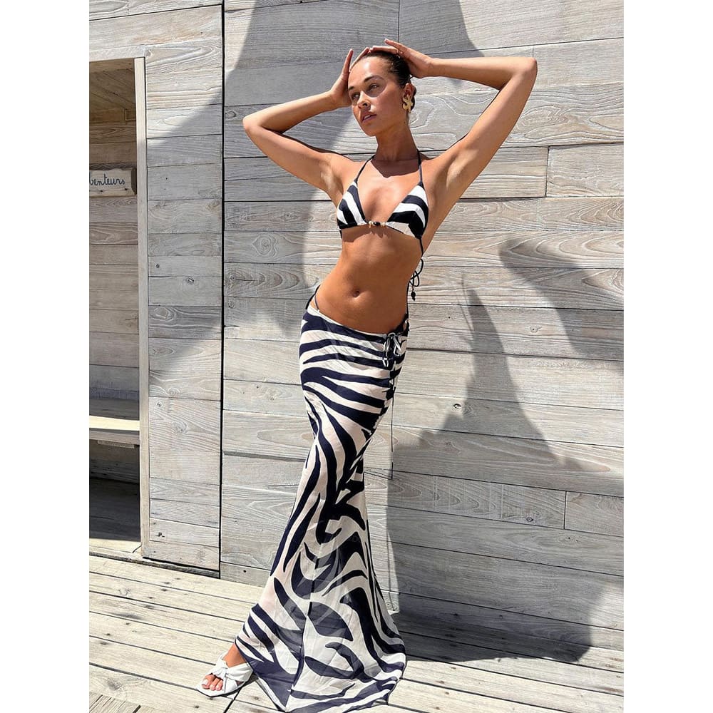 Sunnybikinis Sexy Zebra Stripes 3 Pieces Bikini Swimsuit with Skirt - On sale