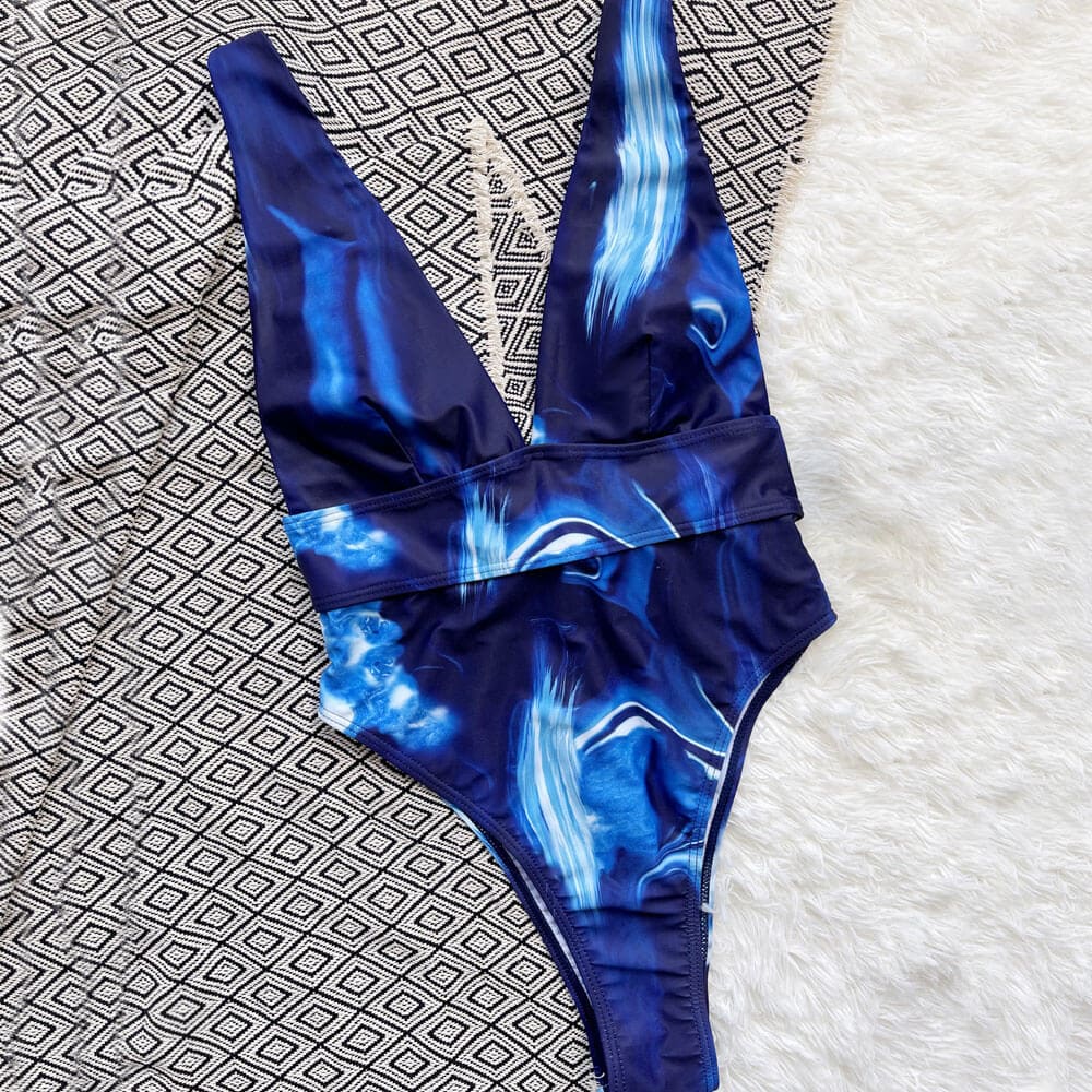 Swirl Deep V Low Back Brazilian One Piece Swimsuit - On sale