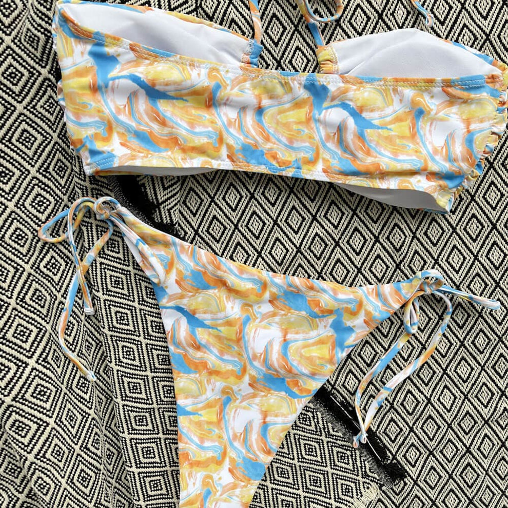 2 String Clothes Swirl Print String Cut Out Halter Two Piece Swimsuit - Sunnybikinis