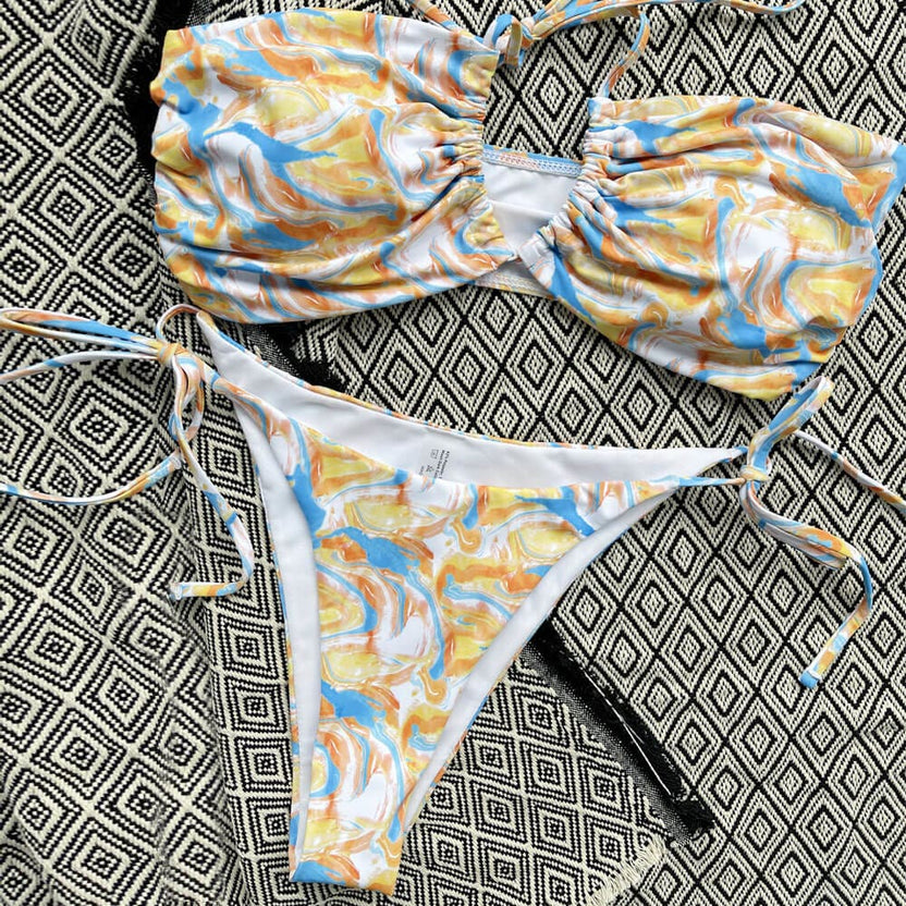 Swirl Print String Cut Out Halter Two Piece Swimsuit - Sunnybikinis
