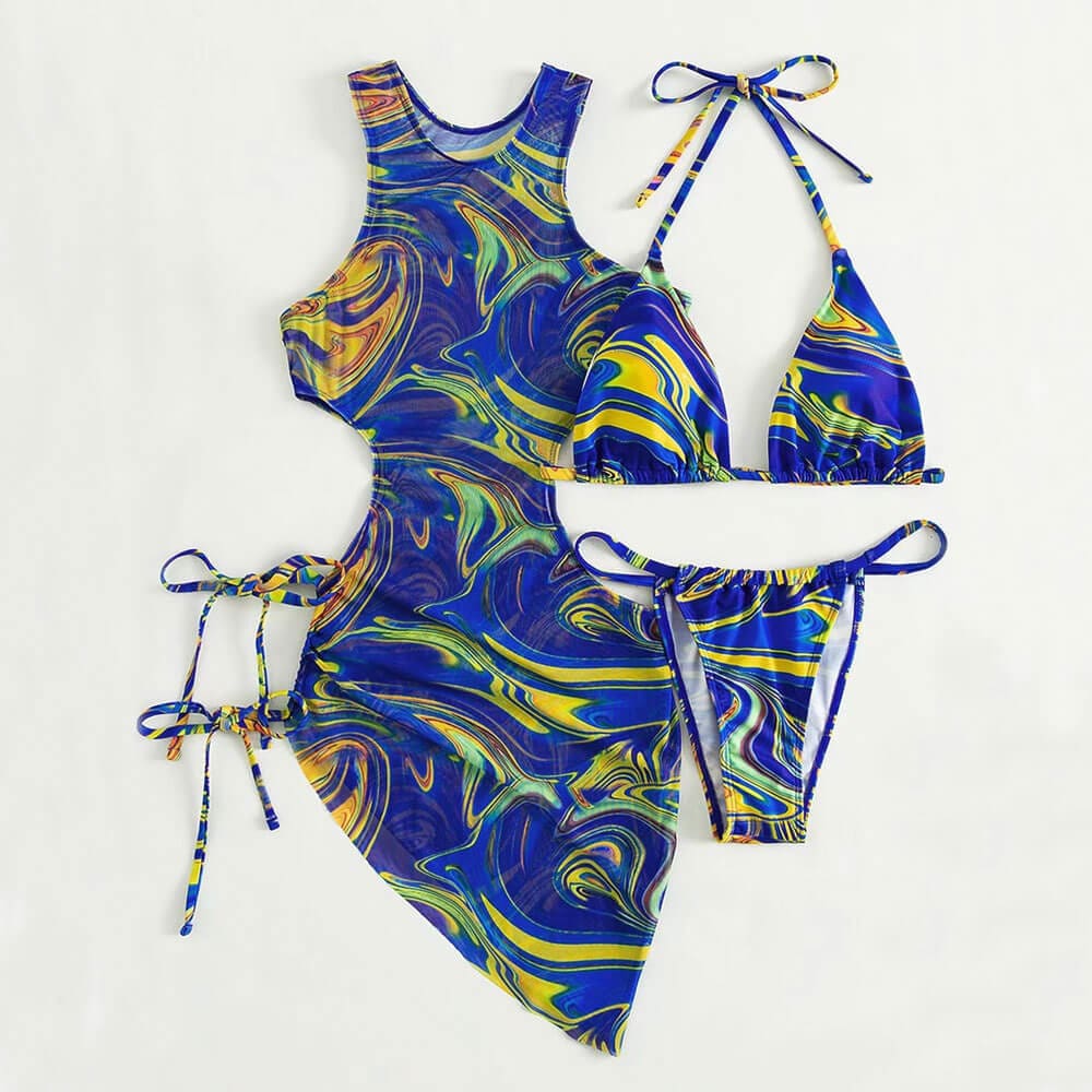 Swirl Print Triangle Brazilian Three Piece Swimsuit - On sale